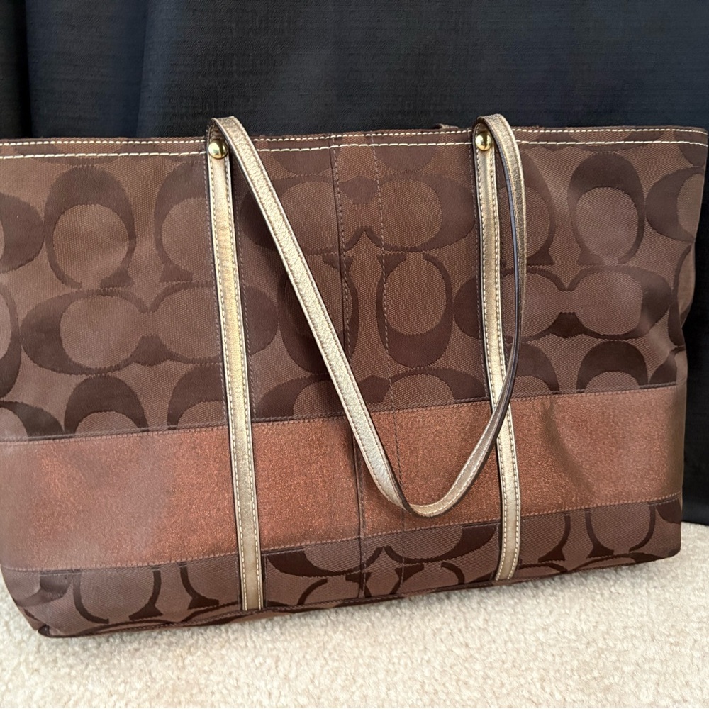 Coach Brown Signature Canvas Tote with Metallic Gold Straps